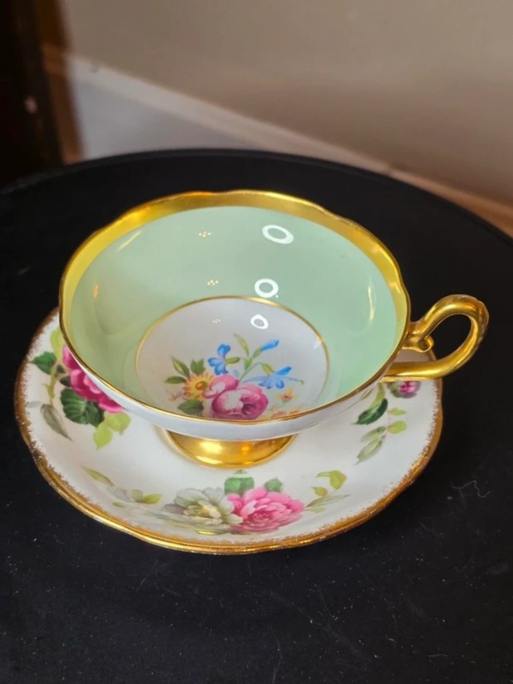Gold-Trim Floral Porcelain Teacup and Saucer - Mint Interior